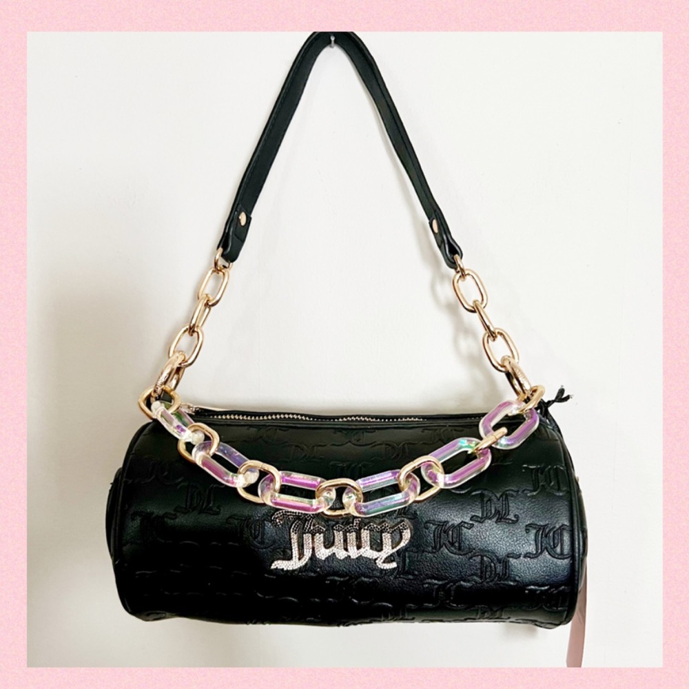JUICY COUTURE Bling Bling Barrel Handbag Black Gold Chain Bling “JUICY” Logo Y2K
